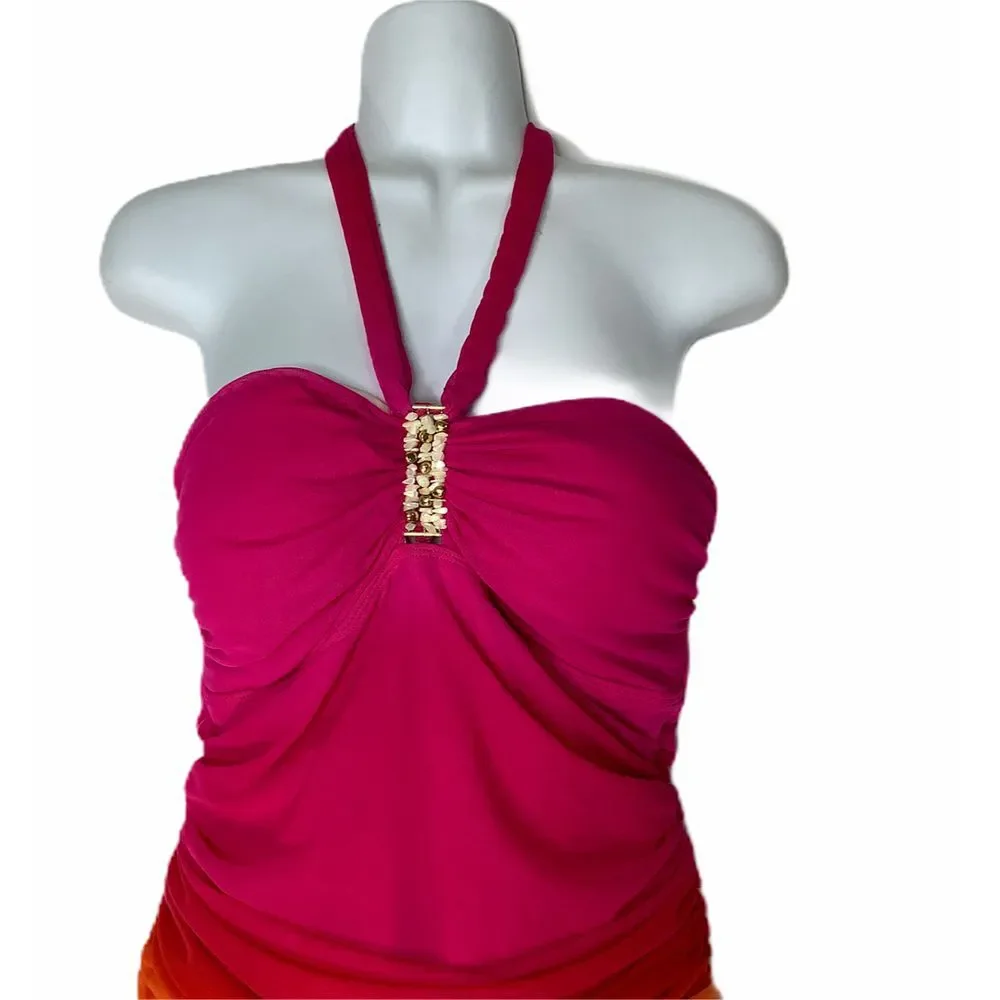 Ralph Lauren Swimsuit One‎ Piece Sz 12 Orange Pink Ruffle Halter Rhinestones